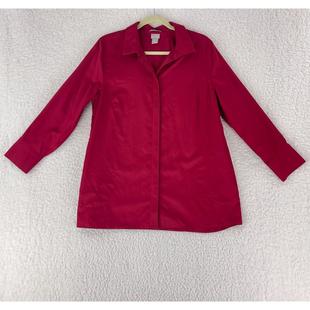 Chico's Solid Red Button-Up Shirt Womens Long‎ Sleeve Collared Size 12/14 Petite